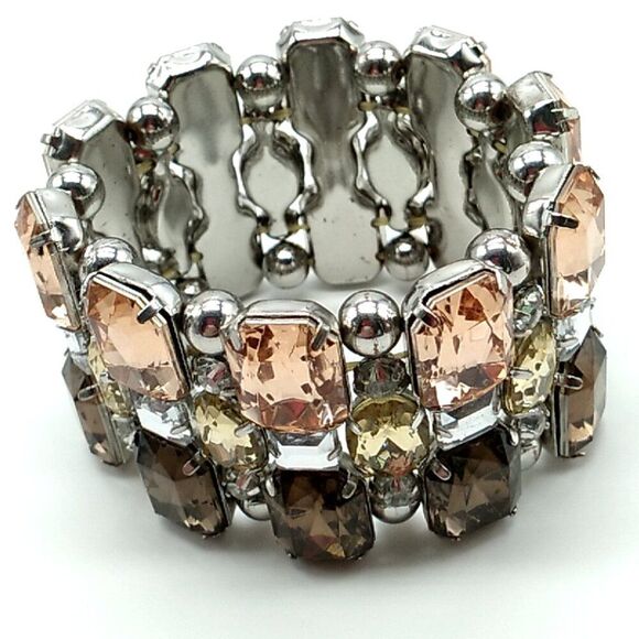 Crystal Rhinestone Stretch Bracelet Wide Amber Bronze Silver - Picture 1 of 10